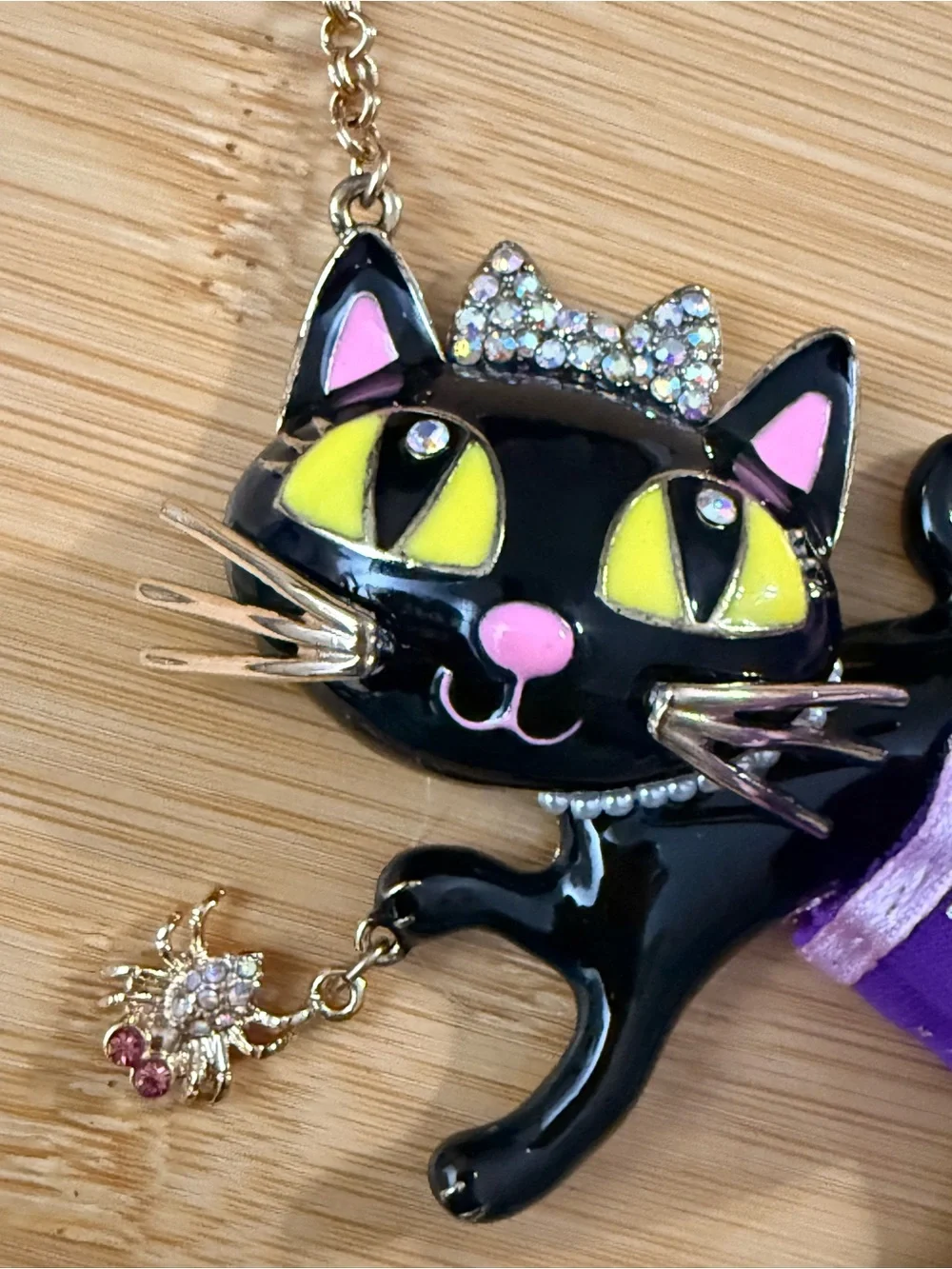 Betsey Johnson Black Cat Necklace with Purple Skirt & Yellow Eyes